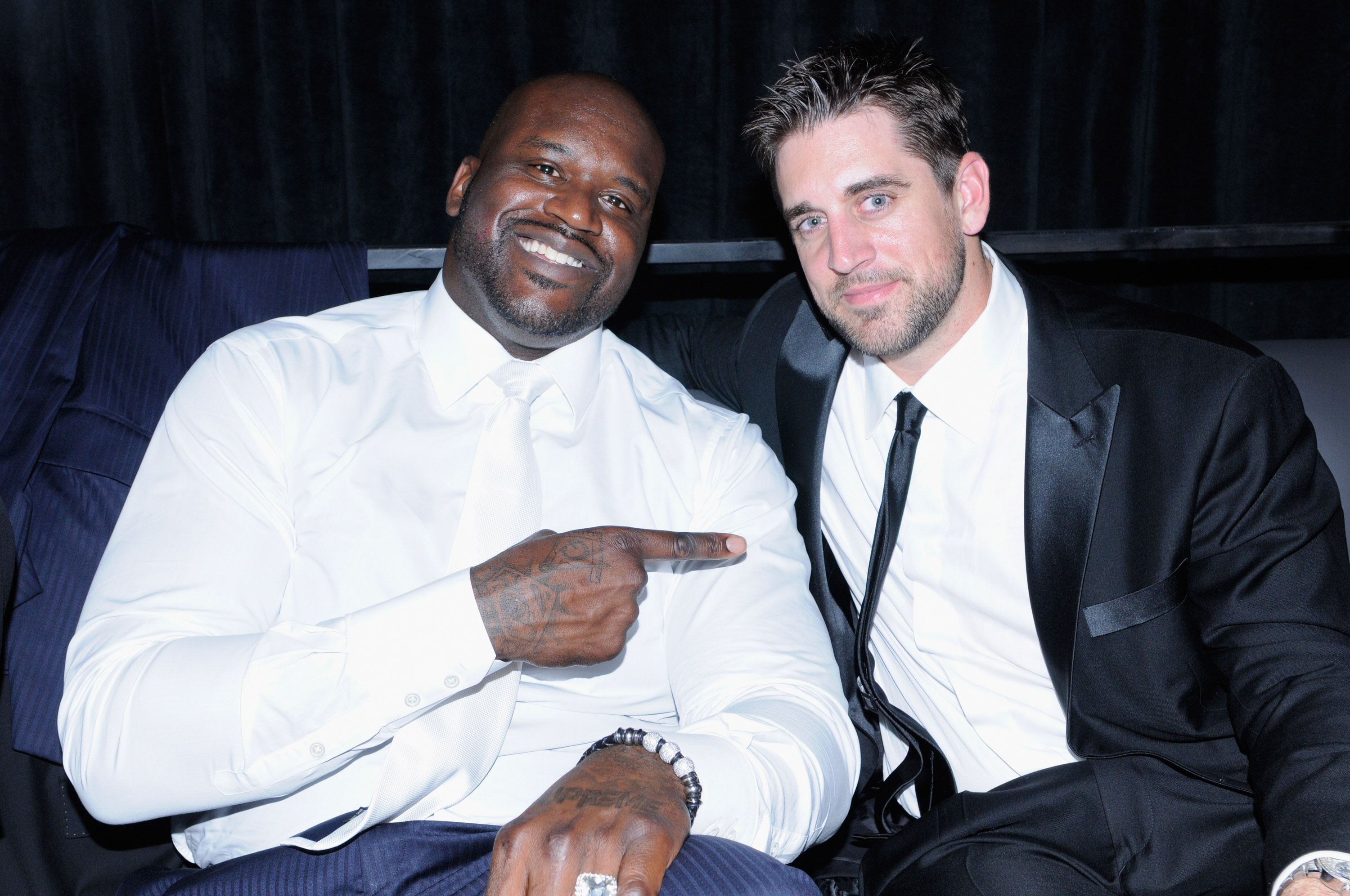 LOUISVILLE, KY - MAY 03:  Shaquille O'Neal and Aaron Rodgers attend the Maxim And Maker's 46 Fillies & Stallions Hosted By Blackrock at Mellwood Arts & Entertainment Center on May 3, 2013 in Louisville, Kentucky.  (Photo by Stephen Cohen/Getty Images for Maxim)
