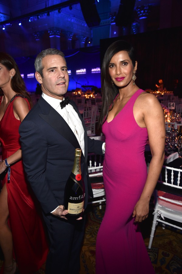 NEW YORK, NY - FEBRUARY 10: TV Personality Andy Cohen and writer Padma Lakshmi are seen during Moet & Chandon Toasts to the amfAR Gala at Cipriani Wall Street on February 10, 2016 in New York City. (Photo by Bryan Bedder/Getty Images for Moet & Chandon)