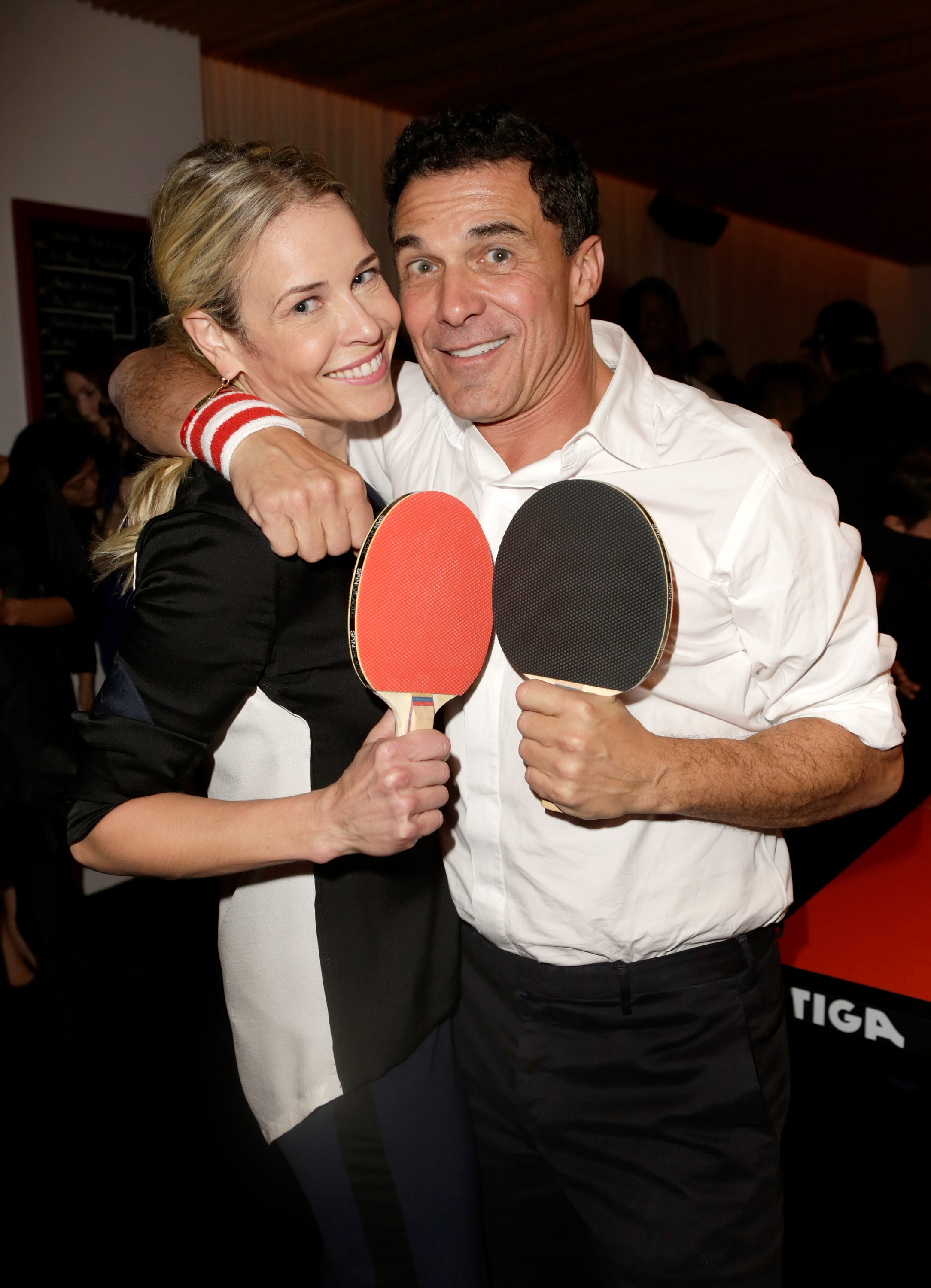 LOS ANGELES, CA - DECEMBER 11:  TV personality Chelsea Handler (L) and Andre Balazs attend SPiN Standard Ping Pong Social Club grand opening hosted by Susan Sarandon and Andre Balazs at The Standard, Downtown LA, on December 11, 2012 in Los Angeles, California.  (Photo by Jeff Vespa/WireImage)