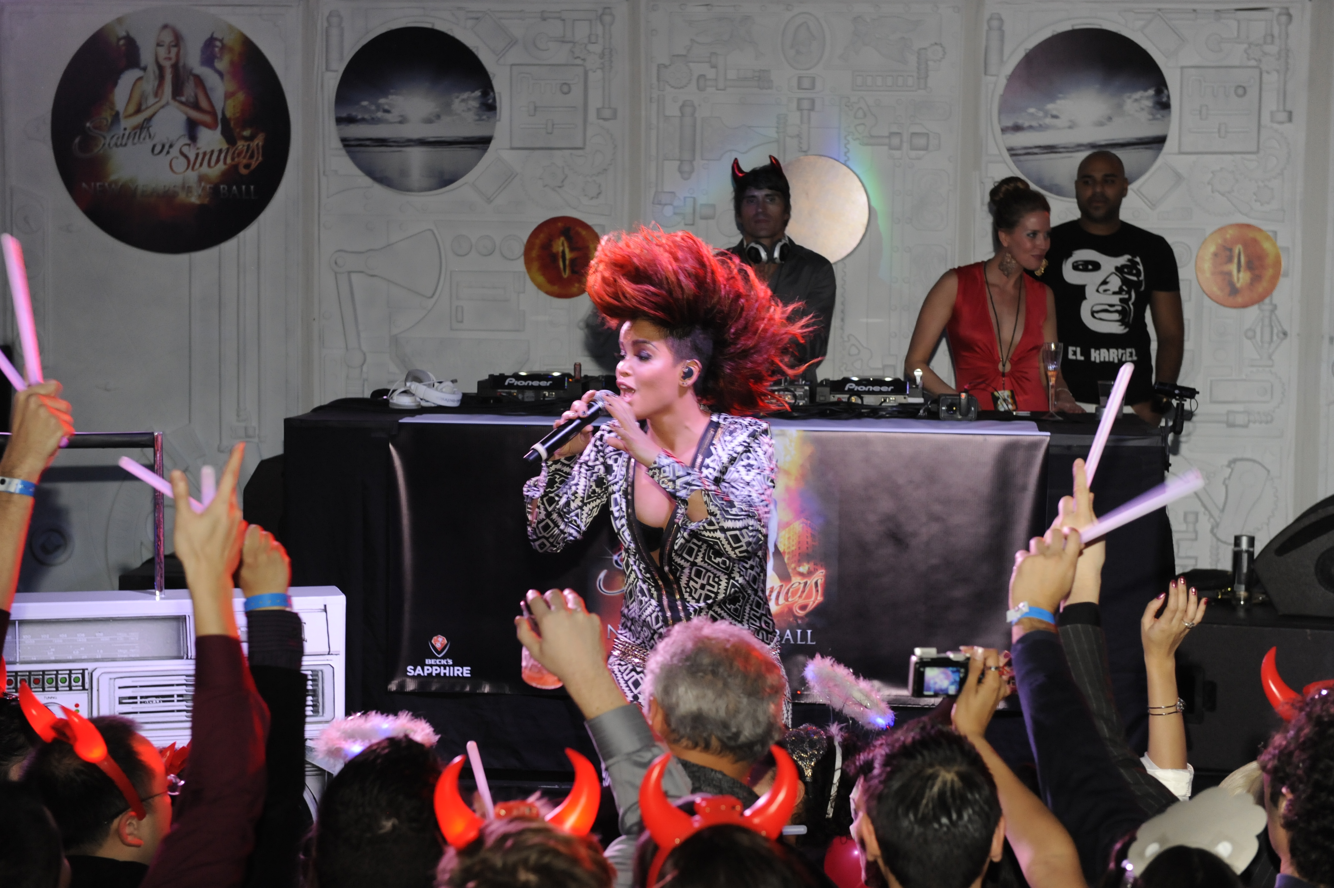 Eva Simons performs at the New Year's Eve launch party for Beck's Sapphire at the Roosevelt Hotel in Los Angeles
