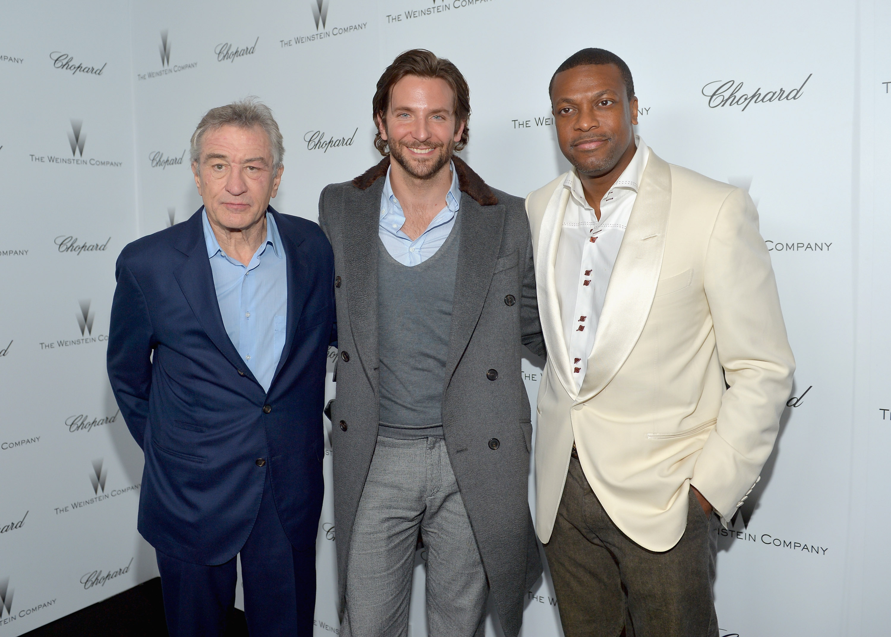 WEST HOLLYWOOD, CA - FEBRUARY 23:  (L-R) Actors Robert De Niro, Bradley Cooper, and Chris Tucker attend The Weinstein Company and Chopard's Academy Award Party in association with Grey Goose at Soho House on February 23, 2013 in West Hollywood, California.  (Photo by Charley Gallay/Getty Images for Grey Goose vodka)