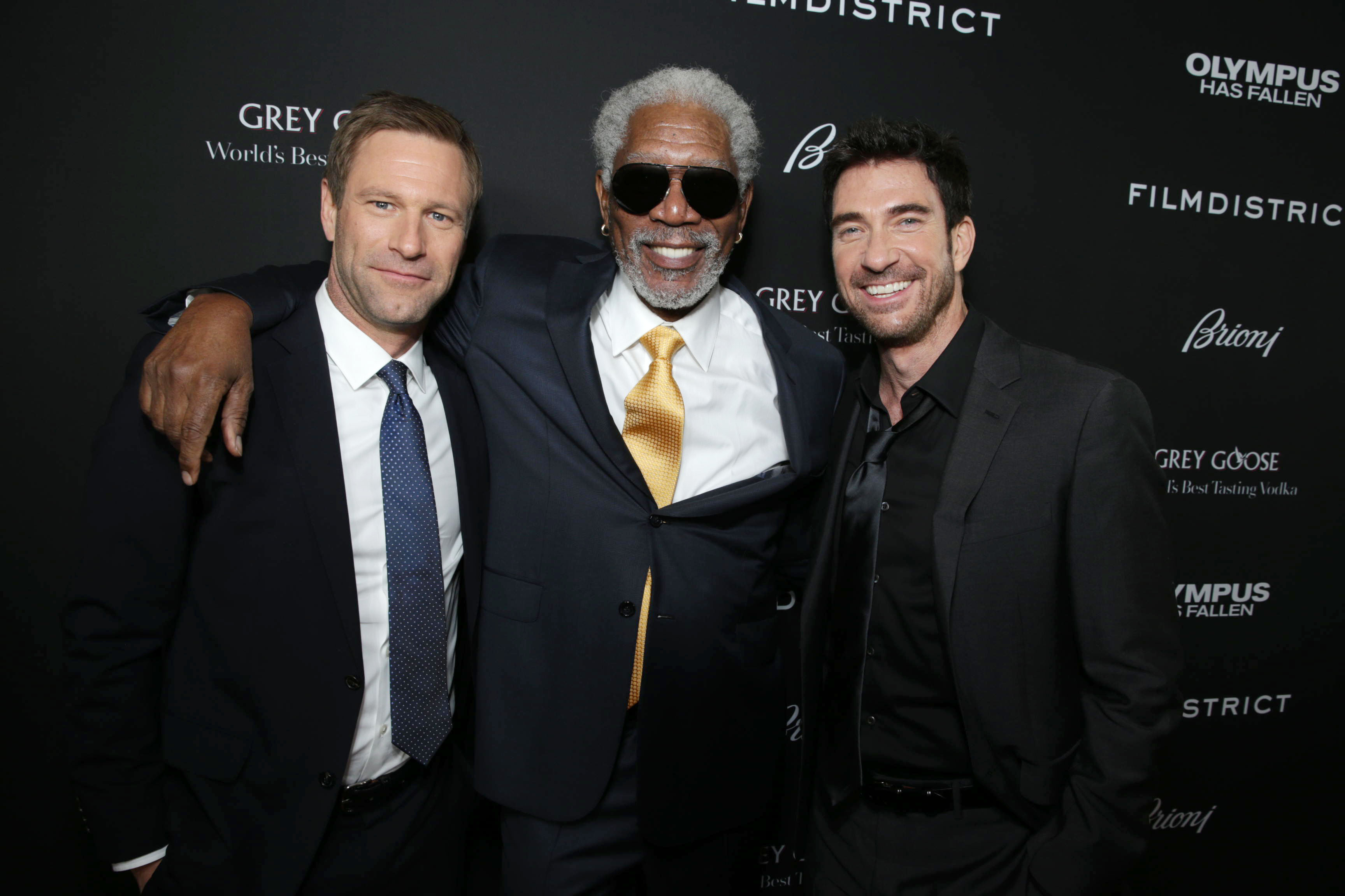 Aaron Eckhart, Morgan Freeman, Dylan McDermott - FilmDistrict's Premiere of 'Olympus Has Fallen' hosted by Brioni and Grey Goose at the ArcLight Hollywood, on Monday, March, 18, 2013 in Los Angeles. (Photo by Eric Charbonneau/Invision for FilmDistrict/AP Images)