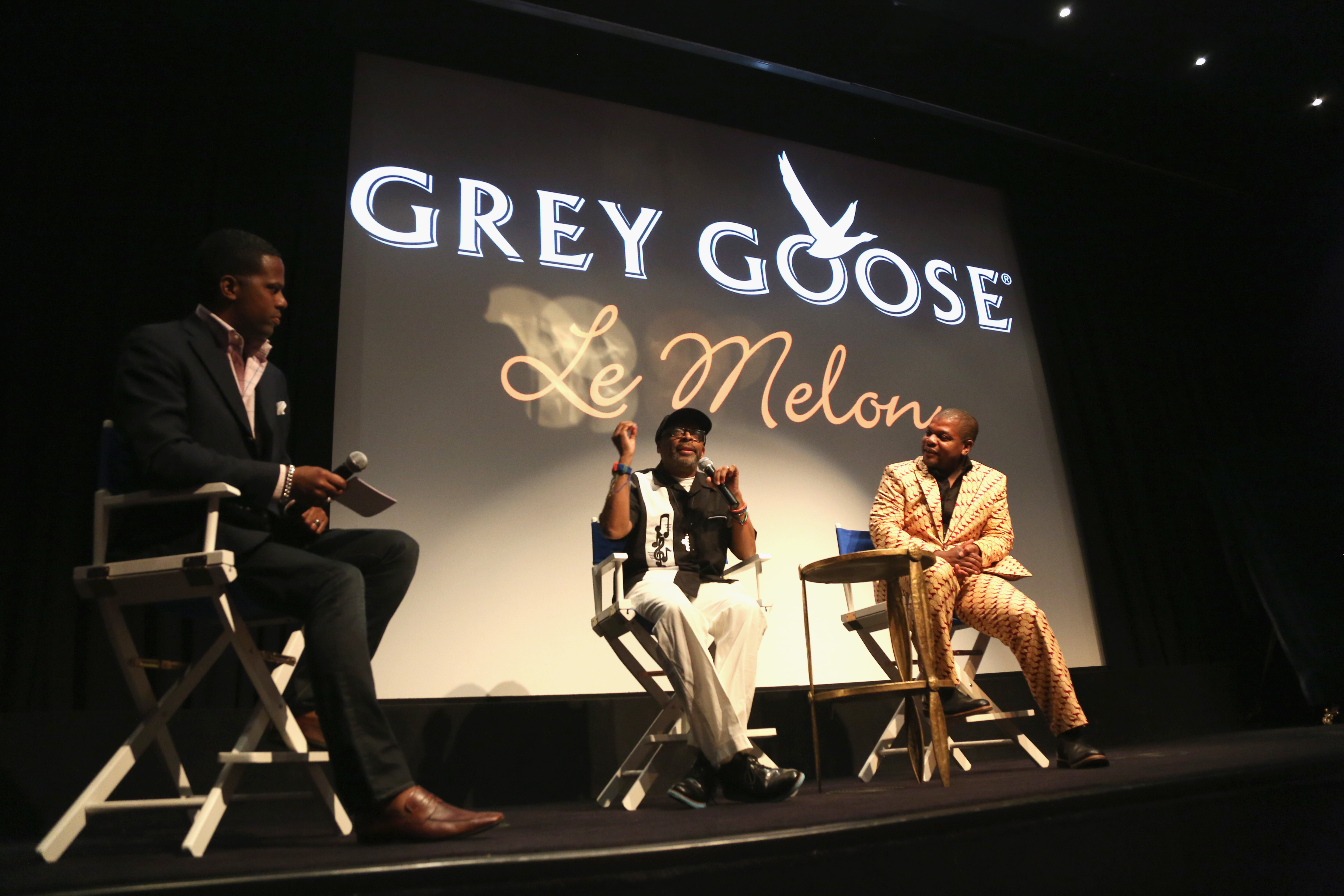 Moderator, TV Personality  AJ Calloway; director, producer Spike Lee and artist, influencer Kehinde Wiley participate in a discussion onstage an evening with Kehinde Wiley & Spike Lee presented by GREY GOOSE Le Melon at Crosby Street Hotel on June 18, 2014 in New York City.  (Photo by Johnny Nunez/Getty Images for GREY GOOSE)