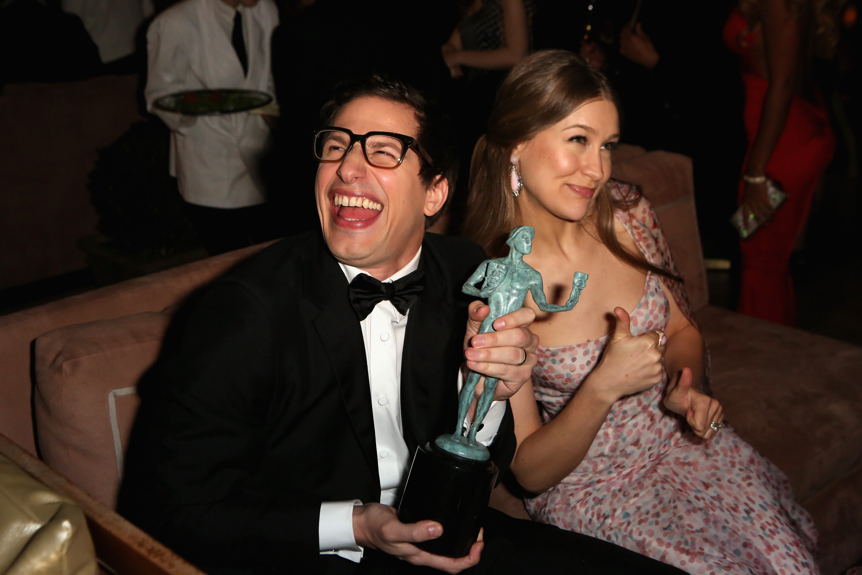 Actor Andy Samberg and actress Joanna Newsom (R) attend The Weinstein Company & Netflix's 2015 SAG After Party