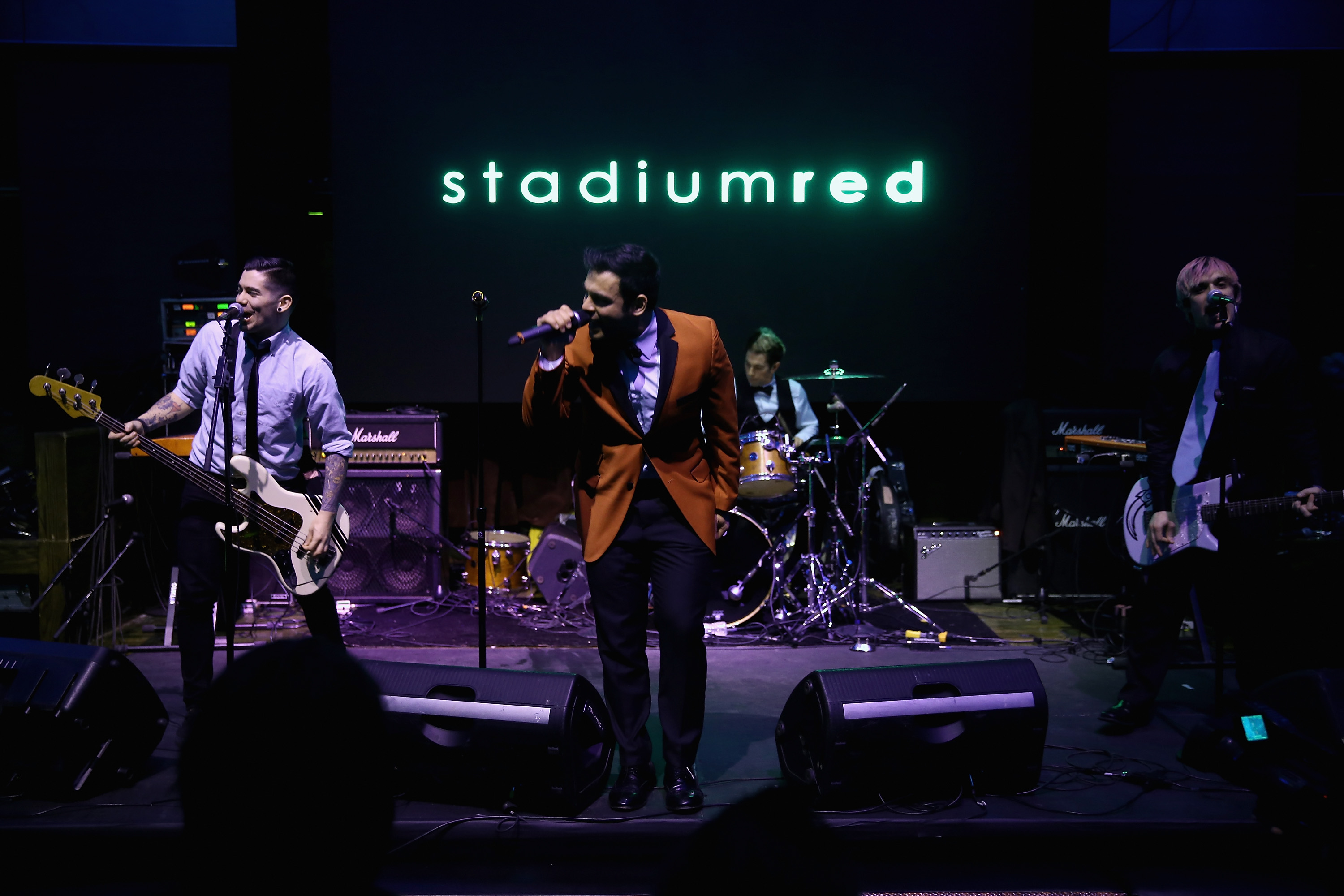  Joe Ragosta, Anthony Mingoia, Marc Kantor, Rob Felicetti, and Corey DeVincenzo of Patent Pending perform on stage at the GREY GOOSE and Stadiumred New York VIP Grammy Awards Party