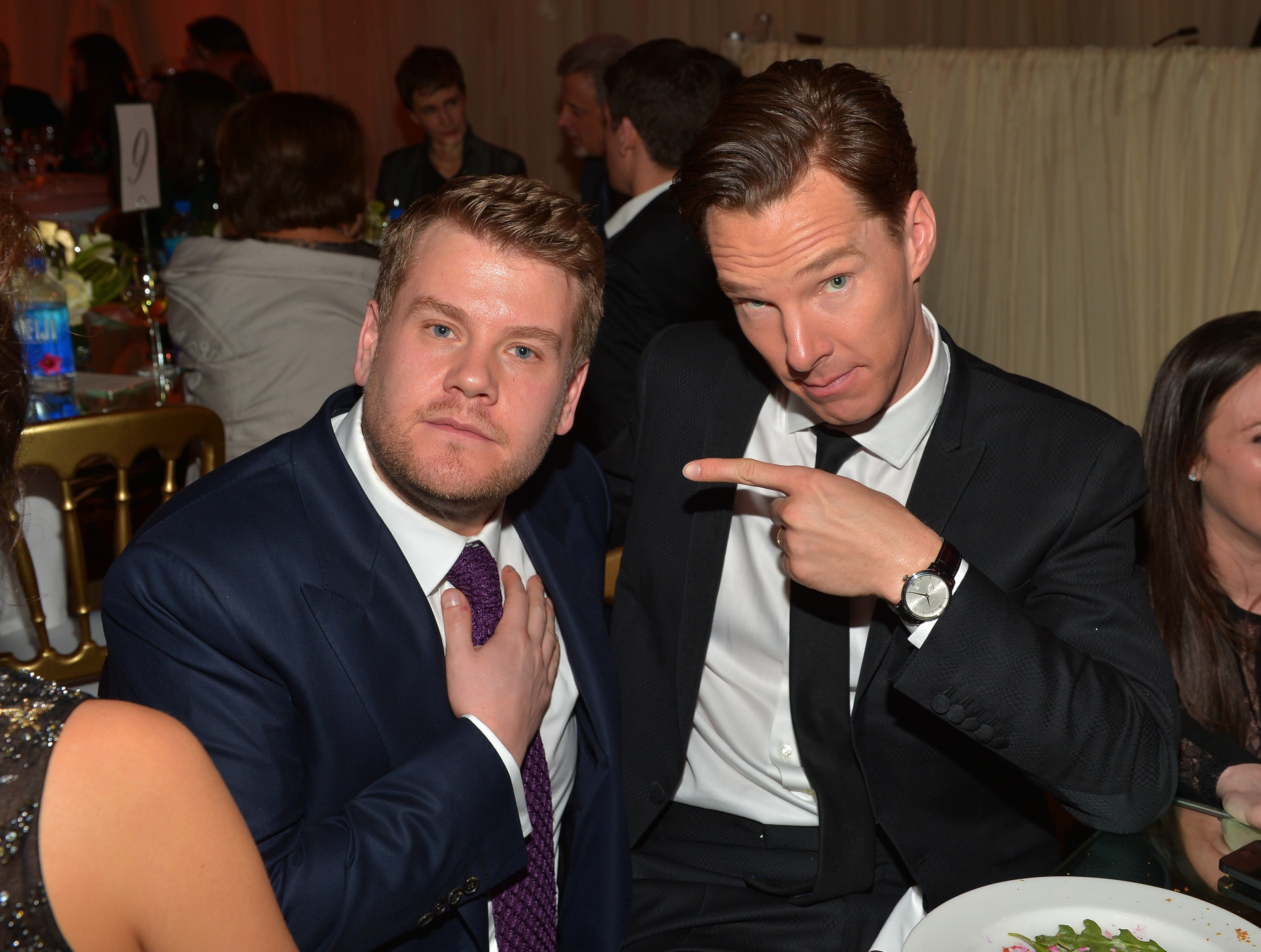 Actor/comedian James Corden (L) and actor Benedict Cumberbatch attend The Weinstein Company's Academy Awards Nominees Dinner