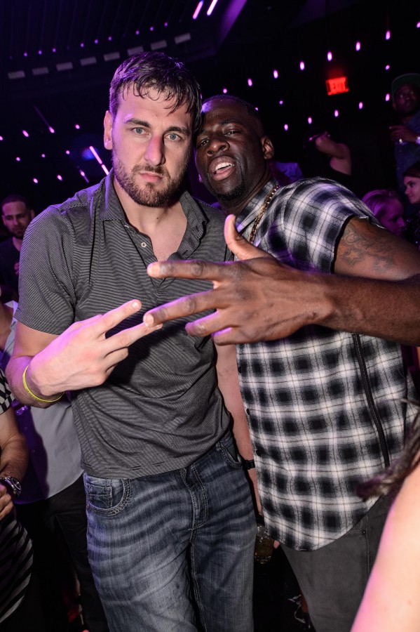 Golden State Warriors players, Andrew Bogut and  Draymond Green celebrate their NBA Finals victory at Marquee Nightclub in Las Vegas, NV, on June 19, 2015 (Photo by Al Powers/Powers Imagery/Invision/AP)