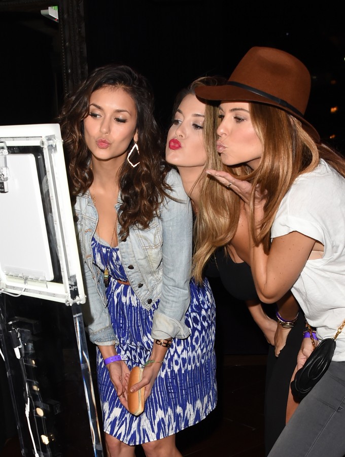 LOS ANGELES, CA - AUGUST 22: (L-R) Nina Dobrev, Val Fatehi, and Maria Menounos attends a private event at Hyde Staples Center hosted by Tommy Bahama during the Taylor Swift concert on August 22, 2015 in Los Angeles, California. (Photo by Jason Merritt/Getty Images for Tommy Bahama)