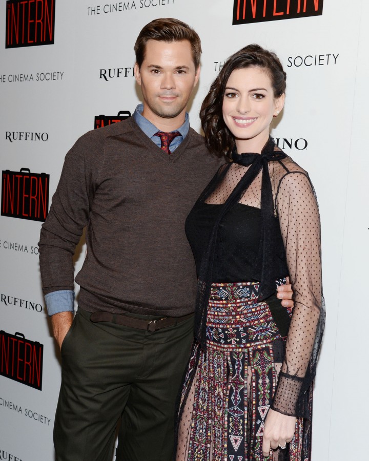 Andrew Rannells and Anne Hathaway attend the premiere of The Intern presented by the Cinema Society and Ruffino Winery - Credit PMc - Clint Spaulding