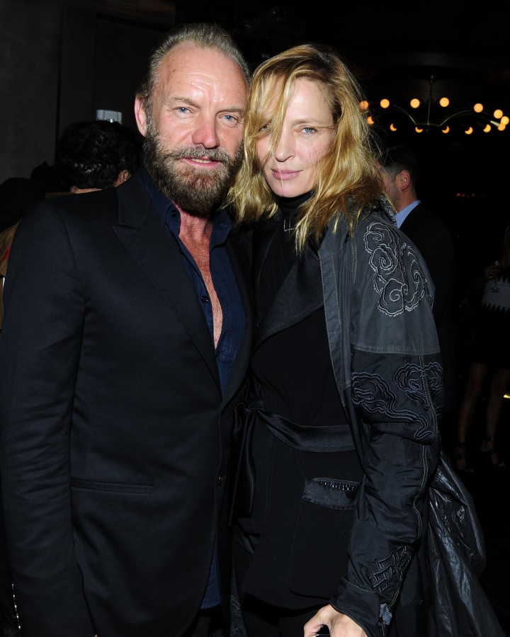 Sting, Uma Thurman== BAFTA New York & The Cinema Society with FIJI Water & St-Germain host a party for the New York Film Festival== PH-D Terrace at Dream Midtown, NYC== October 2, 2015== ©Patrick McMullan== Photo - Paul Bruinooge/PatrickMcMullan.com== ==