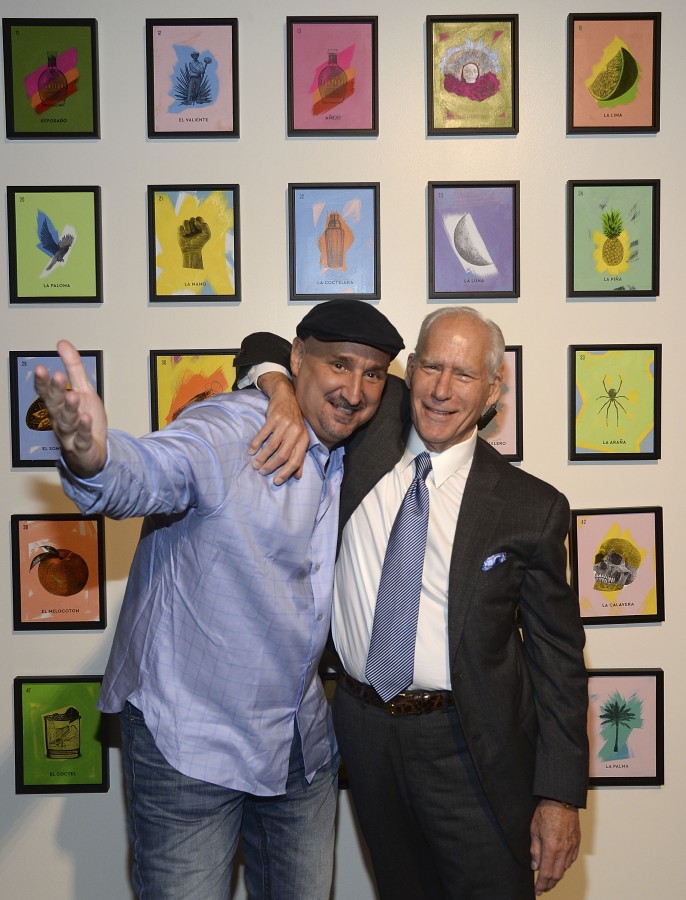 HOLLYWOOD, CA - NOVEMBER 12: Artist Alejandro Vigilante and Gary Shansby attend Partida Tequila x artist Alejandro Vigilante celebrate Partida Loteria launch party on November 12, 2015 in Hollywood, California. (Photo by Chris Weeks/Getty Images for Partida)