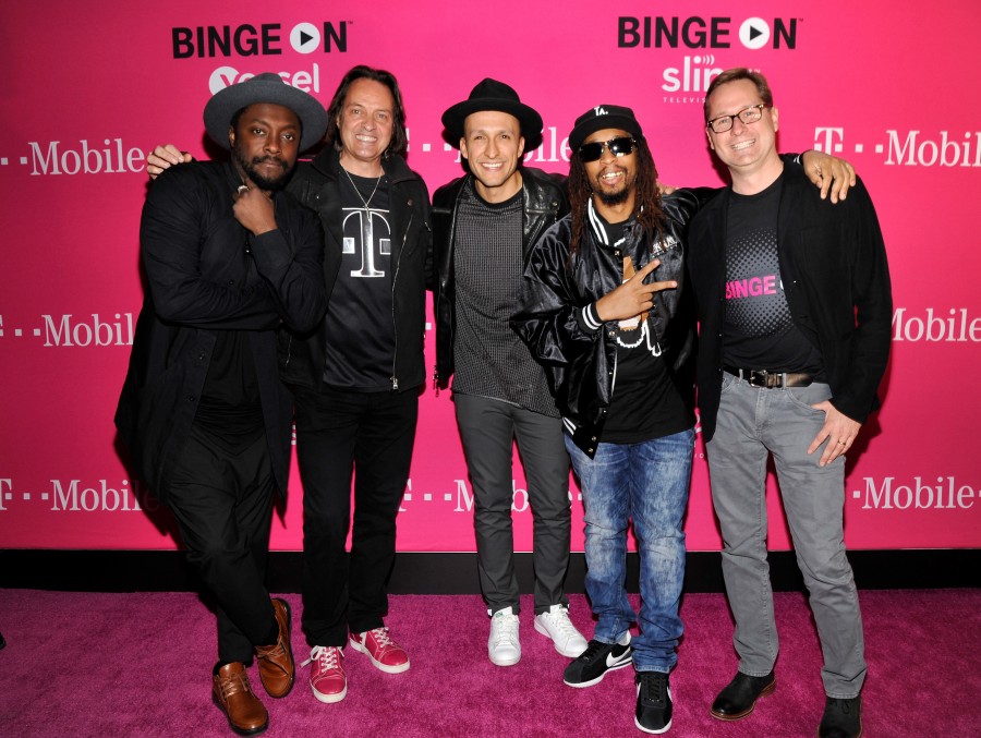 LOS ANGELES, CA - NOVEMBER 10: (L-R) Singer-songwriter will.i.am, President and CEO of T-Mobile John Legere, DJ Vice, hip-hop artist Lil Jon and COO of T-Mobile Mike Sievart attend T-Mobile Un-carrier X Launch Celebration at The Shrine Auditorium on November 10, 2015 in Los Angeles, California. (Photo by John Sciulli/Getty Images for T-Mobile)
