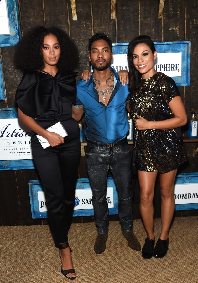 MIAMI BEACH, FL - DECEMBER 04: Solange Knowles, Miguel and Rosario Dawson attend The 6th Annual Bombay Sapphire Artisan Series Grand Finale Cohosted By Russell Simmons And Rosario Dawson During Art Basel at Nautilus Hotel on December 4, 2015 in Miami Beach, Florida. (Photo by Jamie McCarthy/Getty Images For Bombay)