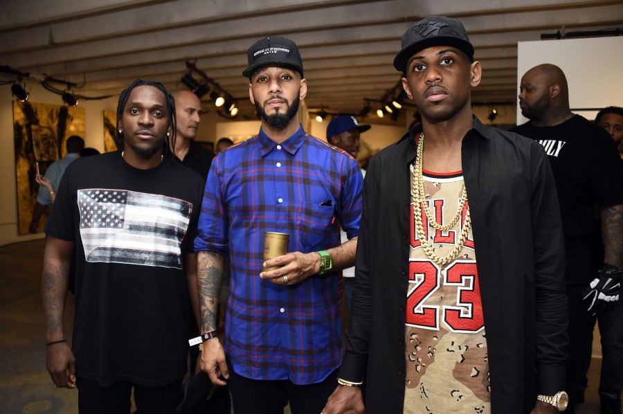 MIAMI, FL - DECEMBER 4: (L-R) Hip-hop artists Pusha T, Swizz Beatz and Fabolous backstage at The Dean Collection X BACARDI Untameable House Party on December 4, 2015 in Miami, Florida. (Photo by Frazer Harrison/Getty Images for Bacardi)