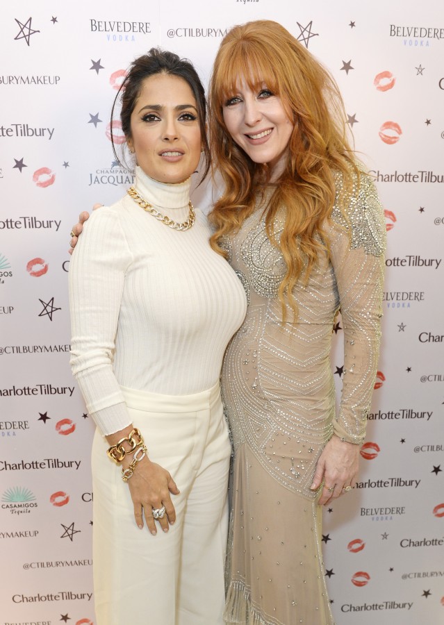 LONDON, ENGLAND - DECEMBER 03: Salma Hayek (L) and Charlotte Tilbury attend Charlotte Tilbury's naughty Christmas party celebrating the launch of Charlotte's new flagship beauty boutique in Covent Garden on December 3, 2015 in London, England. Pic Credit: Dave Benett