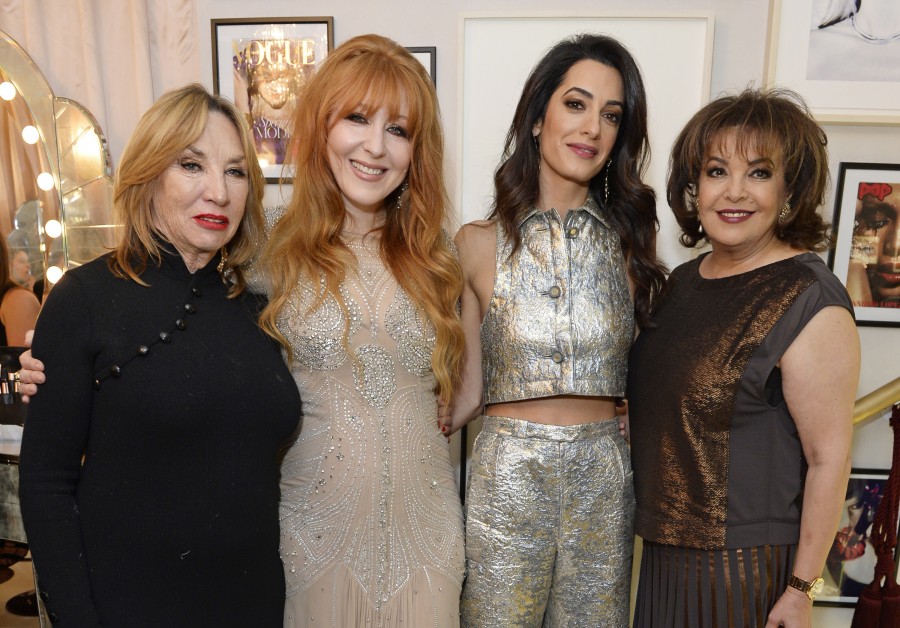 LONDON, ENGLAND - DECEMBER 03: (L to R) Patsy Tilbury, Charlotte Tilbury, Amal Clooney and mother Baria Alamuddin attend Charlotte Tilbury's naughty Christmas party celebrating the launch of Charlotte's new flagship beauty boutique in Covent Garden on December 3, 2015 in London, England. Pic Credit: Dave Benett