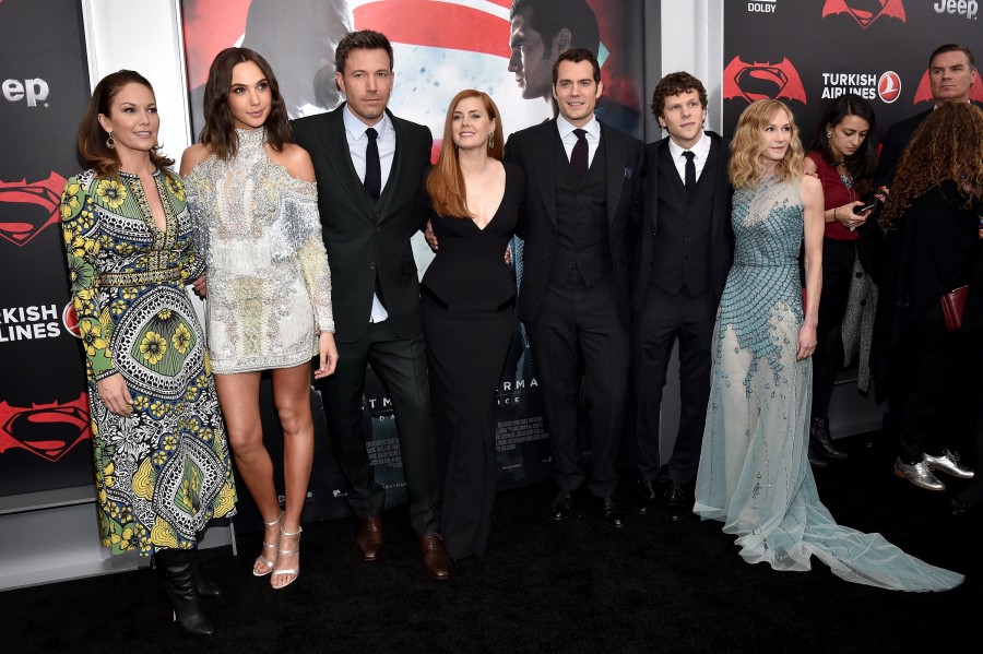 "NEW YORK, NEW YORK - MARCH 20: (L-R) Actors Diane Lane, Gal Gadot, Ben Affleck, Amy Adams, Henry Cavill, Jesse Eisenberg, and Holly Hunter attend the launch of Bai Superteas at the "Batman v Superman: Dawn of Justice" premiere on March 20, 2016 in New York City. (Photo by Bryan Bedder/Getty Images for Bai Superteas)"