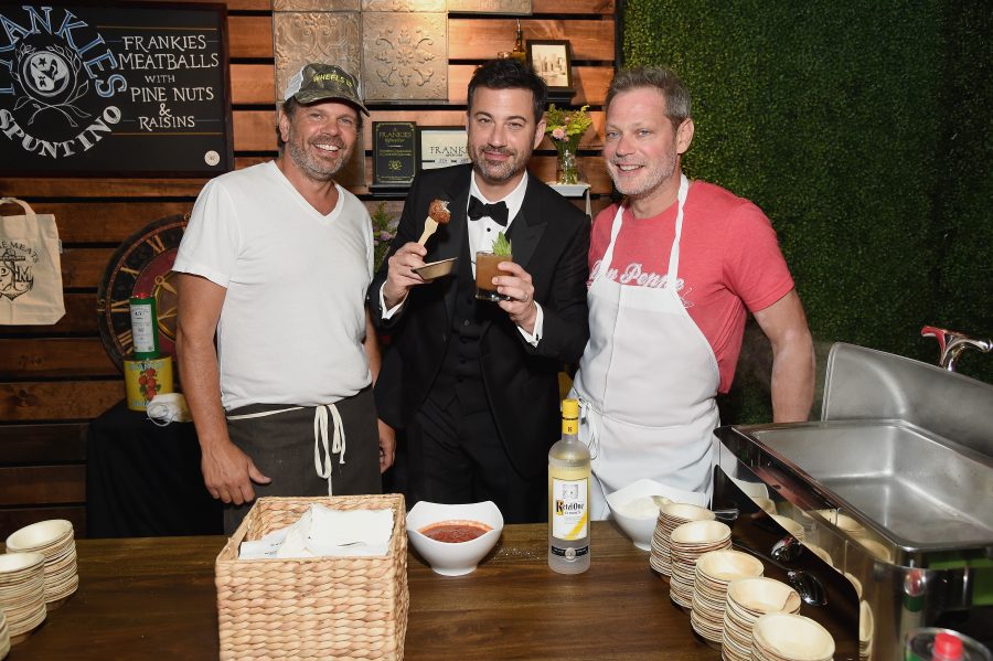 WEST HOLLYWOOD, CA - SEPTEMBER 18: Chefs Frank Falcinelli and Frank Castronovo enjoy a Kettle One cocktail with Jimmy Kimmel at his post-show party at The Lot on September 18, 2016 in West Hollywood, California. (Photo by Michael Kovac/Getty Images for Diageo) *** Local Caption *** Frank Falcinelli;Frank Castronovo;Jimmy Kimmel