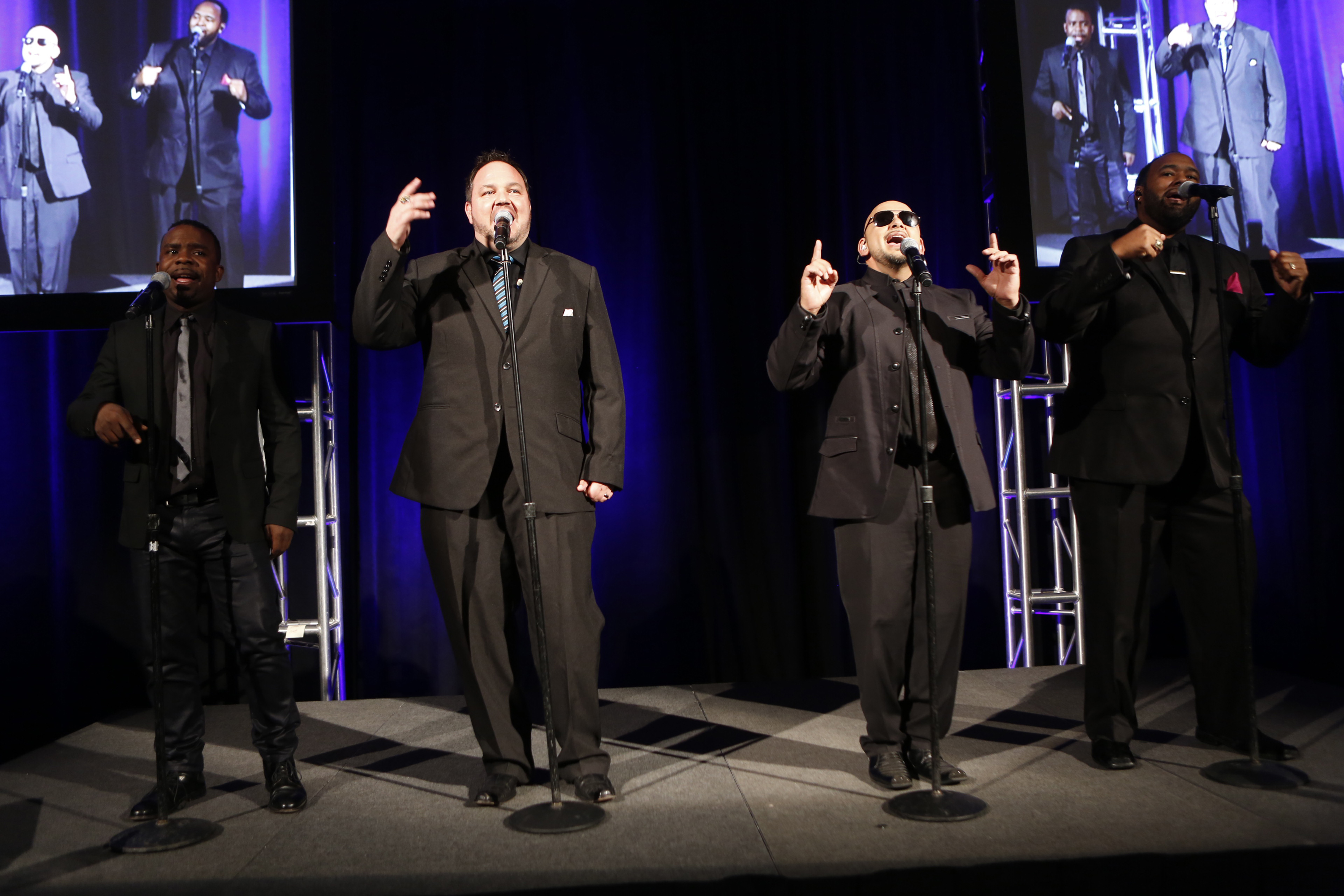 NEW YORK, NY - OCTOBER 13: (L-R) Delious Kennedy, Tony Borowiak, Alfred Nevarez, and Jamie Jones of All-4-One perform at The Resolution Project's Resolve 2016 Gala at The Harvard Club of New York on October 13, 2016 in New York City. (Photo by Thos Robinson/Getty Images for The Resolution Project)