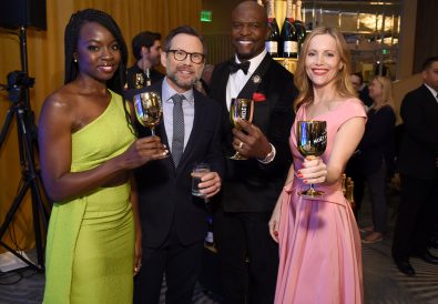 BEVERLY HILLS, CALIFORNIA - DECEMBER 06:  (L-R) Danai Gurira, Christian Slater, Terry Crews and Leslie Mann attend the Moet & Chandon Toasts The 76th Annual Golden Globe Awards Nominations at The Beverly Hilton Hotel on December 06, 2018 in Beverly Hills, California. (Photo by Michael Kovac/Getty Images for Moet & Chandon)