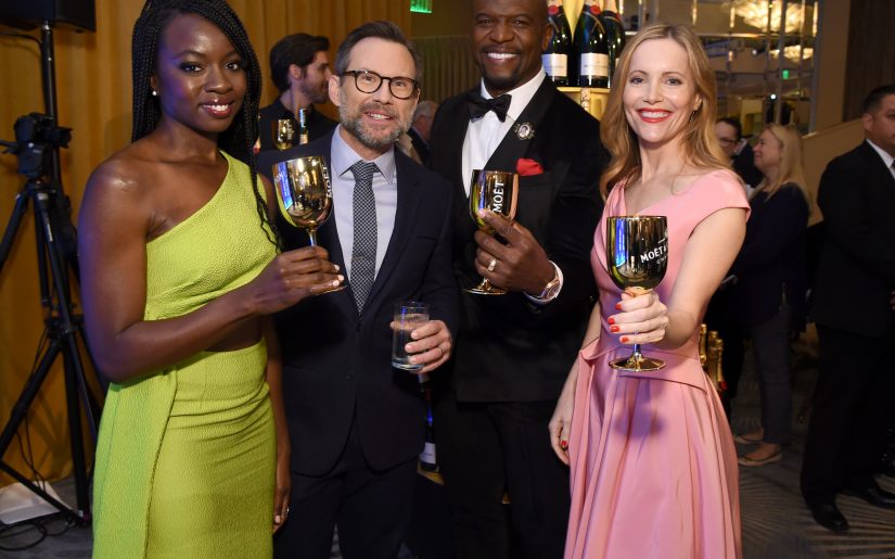 BEVERLY HILLS, CALIFORNIA - DECEMBER 06:  (L-R) Danai Gurira, Christian Slater, Terry Crews and Leslie Mann attend the Moet & Chandon Toasts The 76th Annual Golden Globe Awards Nominations at The Beverly Hilton Hotel on December 06, 2018 in Beverly Hills, California. (Photo by Michael Kovac/Getty Images for Moet & Chandon)