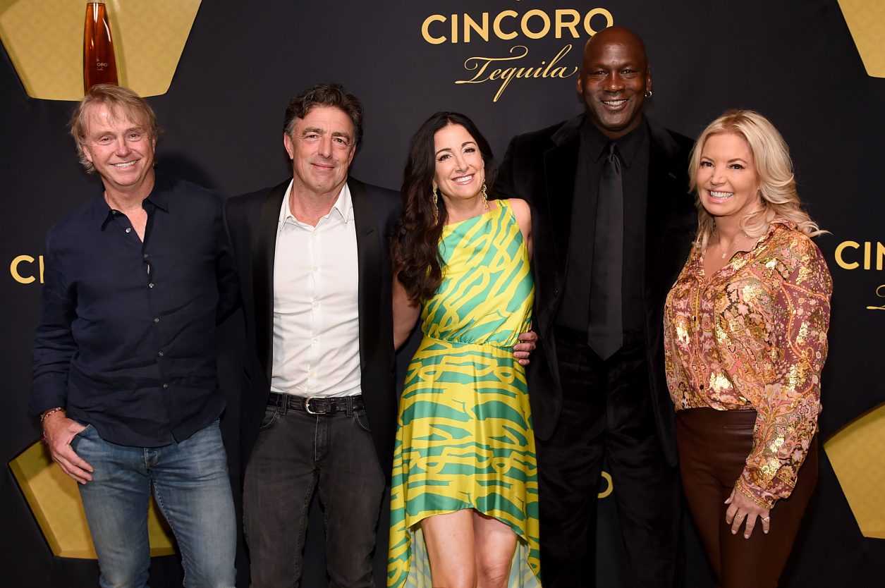 NEW YORK, NEW YORK - SEPTEMBER 18: Cincoro Founding Partners (L-R) Wes Edens, Wyc Grousbeck, Emilia Fazzalari, Michael Jordan and Jeanie Buss attend the Cincoro Tequila launch at CATCH Steak on September 18, 2019 in New York City. (Photo by Jamie McCarthy/Getty Images for Cincoro)