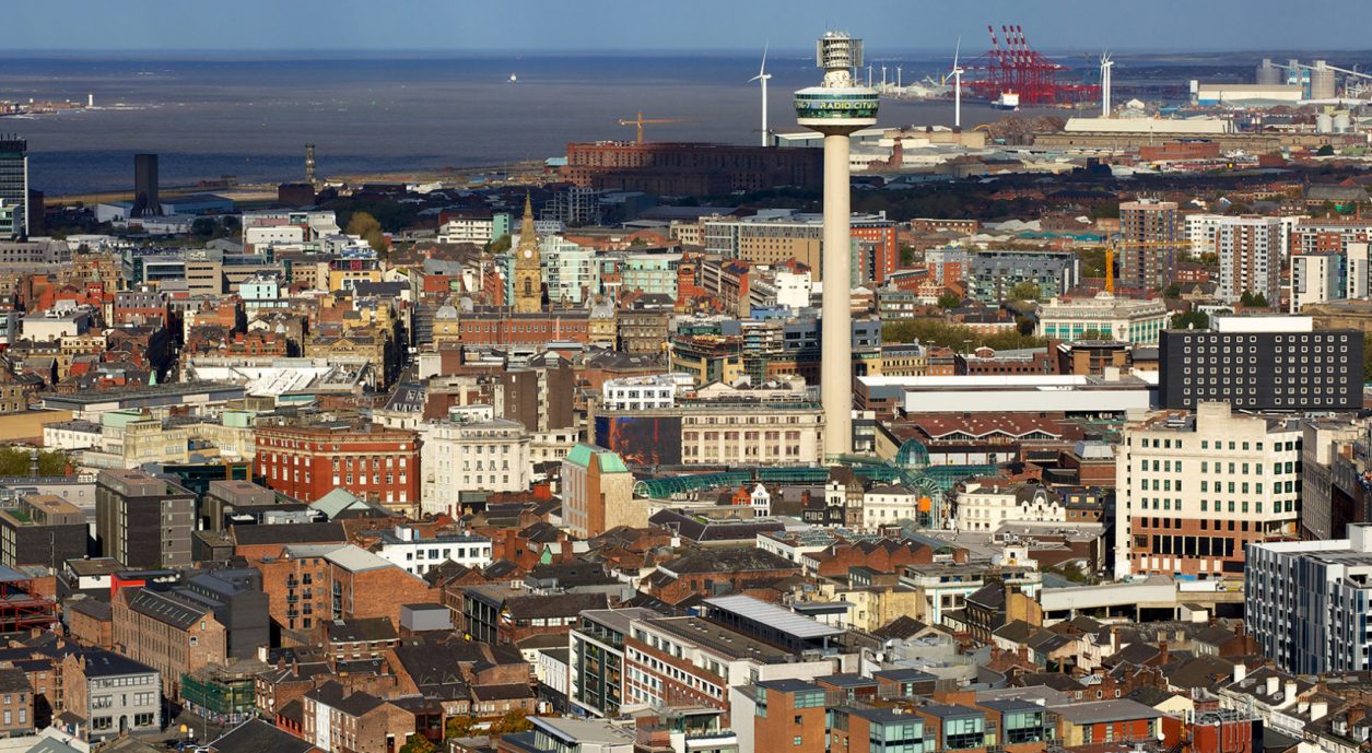 Liverpool city aerial panorama view